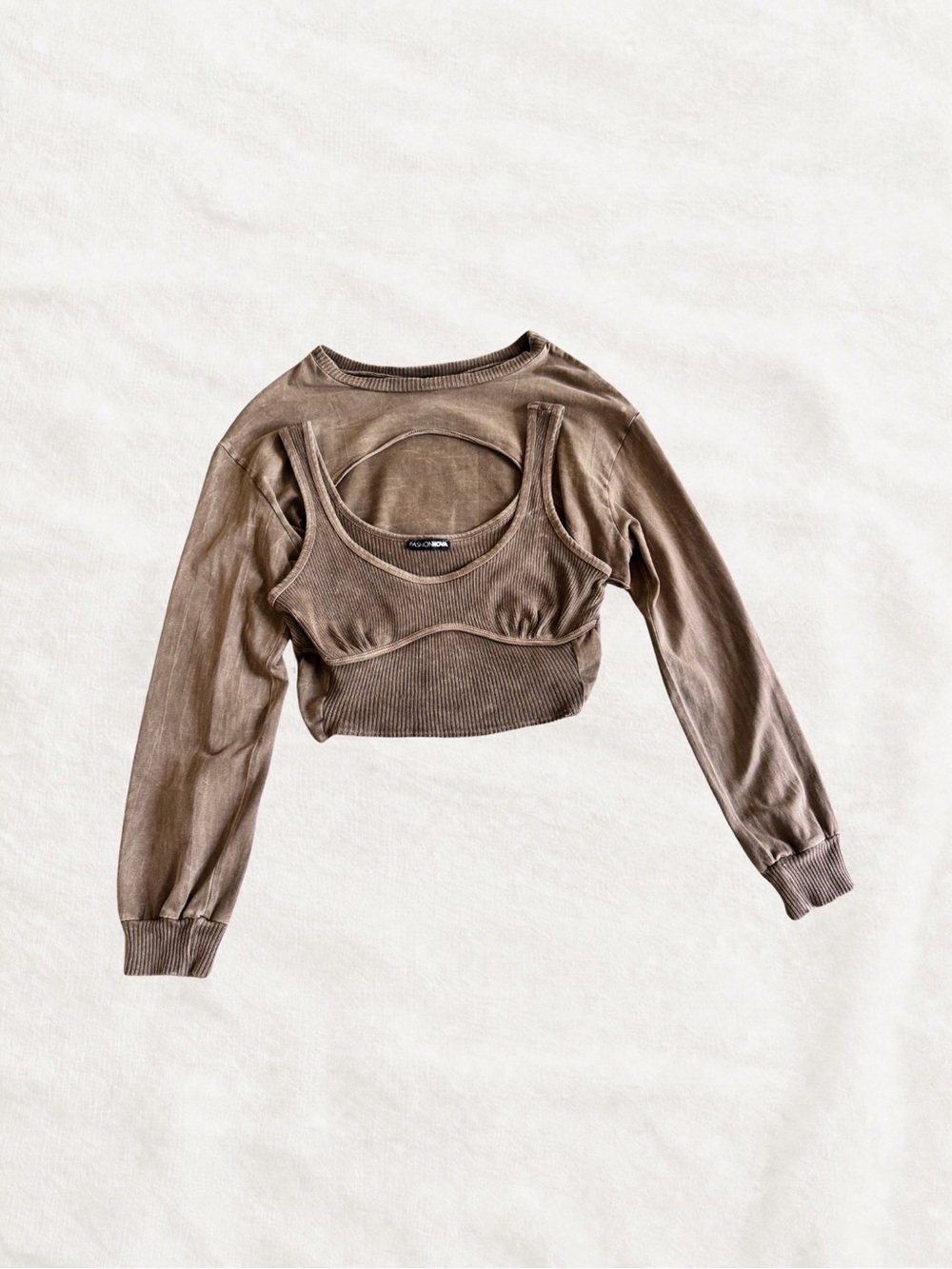 Fashion Nova Brown Layered Long-Sleeve Crop Top